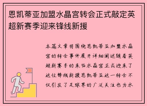恩凯蒂亚加盟水晶宫转会正式敲定英超新赛季迎来锋线新援